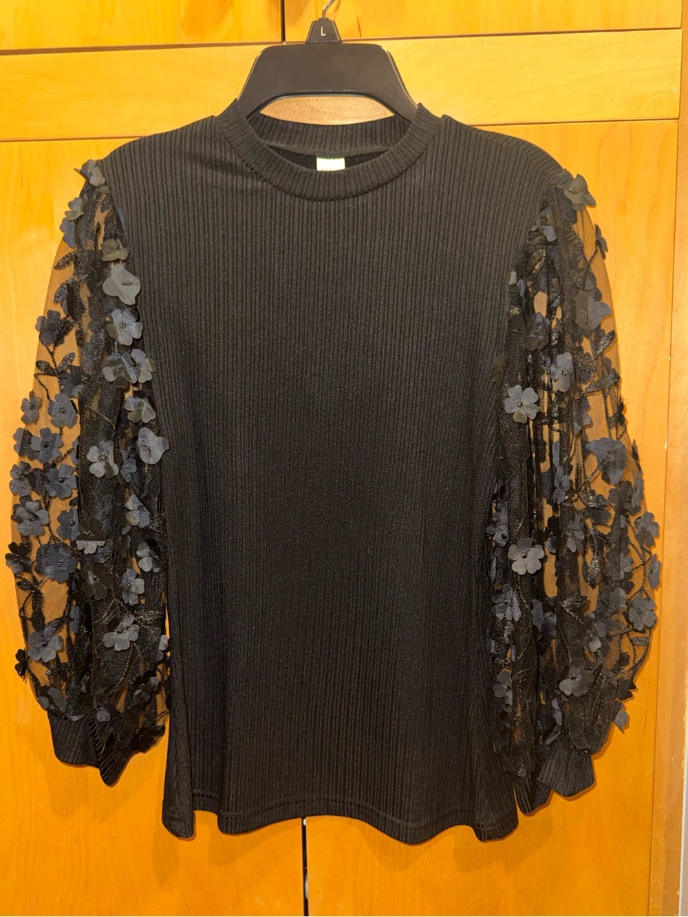 Black Floral Appliqué Puff Sleeve Top